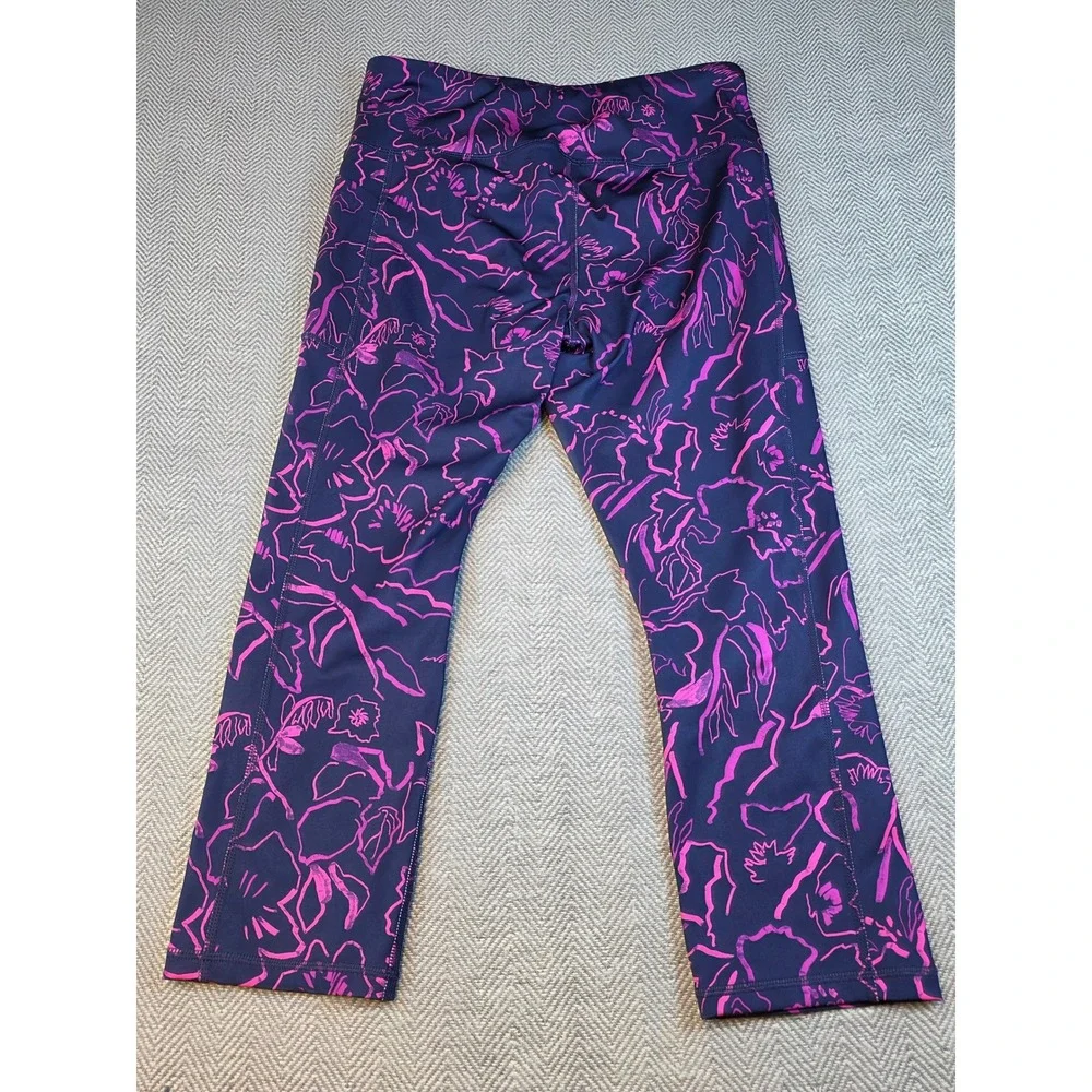 Avia Womens Navy Pink Floral High Waisted Capri Leggings Pockets Size M 8-10